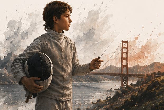 A young fencer in whites holding a mask, painted against the Golden Gate Bridge