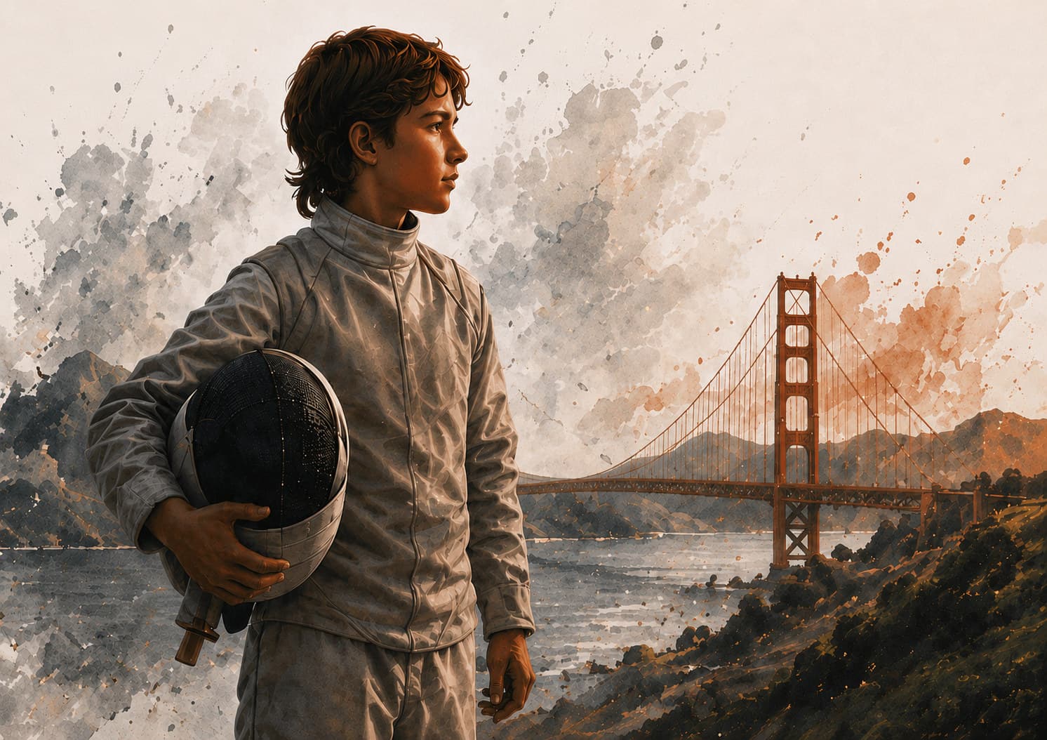 A young fencer in whites holding a mask, painted against the Golden Gate Bridge