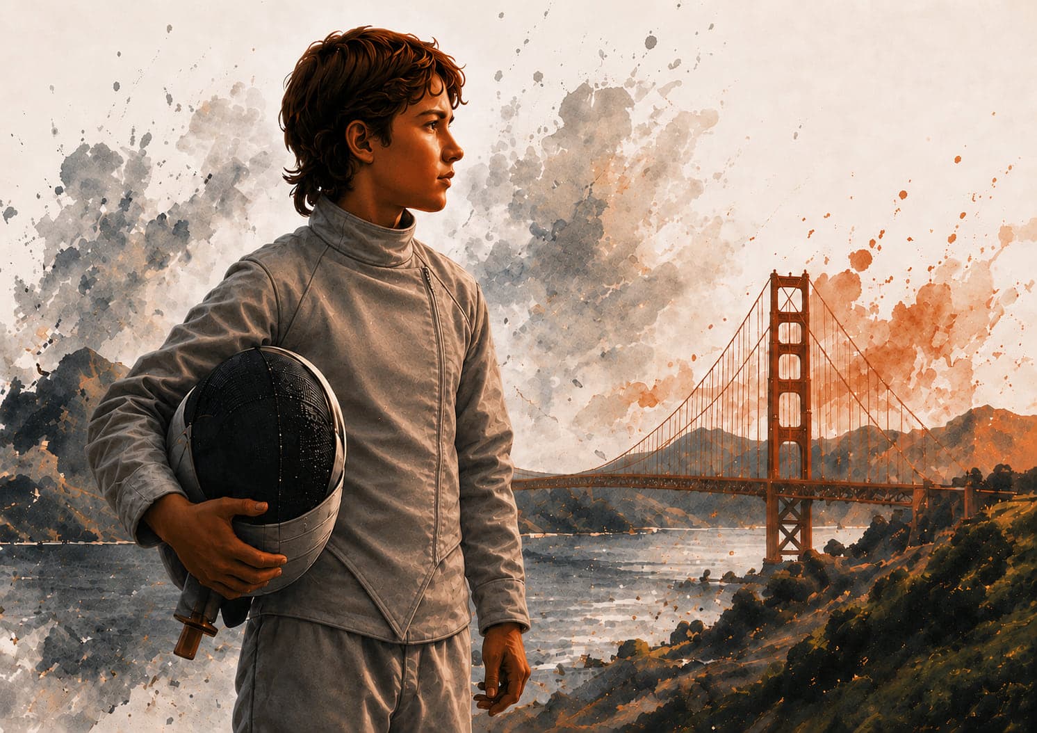 A young fencer in whites holding a mask, painted against the Golden Gate Bridge